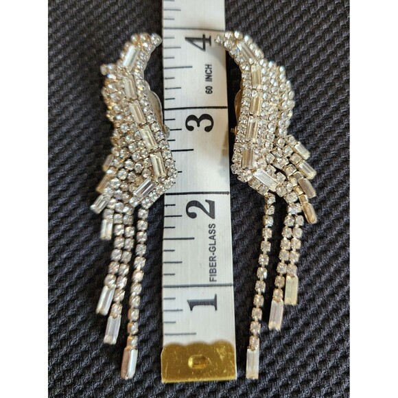 Vintage Rhinestone Dangling Baguette Clip On Earrings Long Ear Climbers Clear 4" - Picture 8 of 12